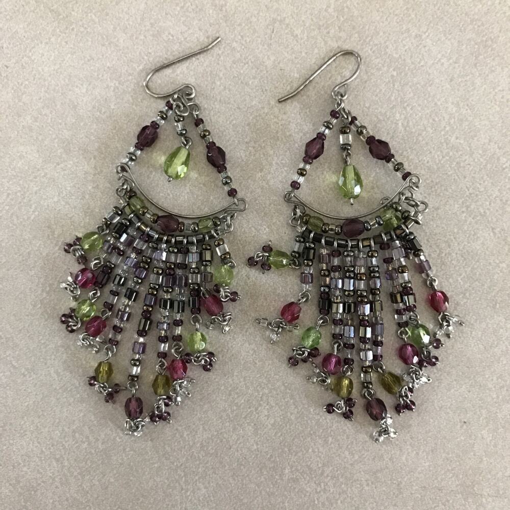 Green Glass Smoky Amethyst Bead Chandelier Dangle Drop Festival Dressy Earrings
